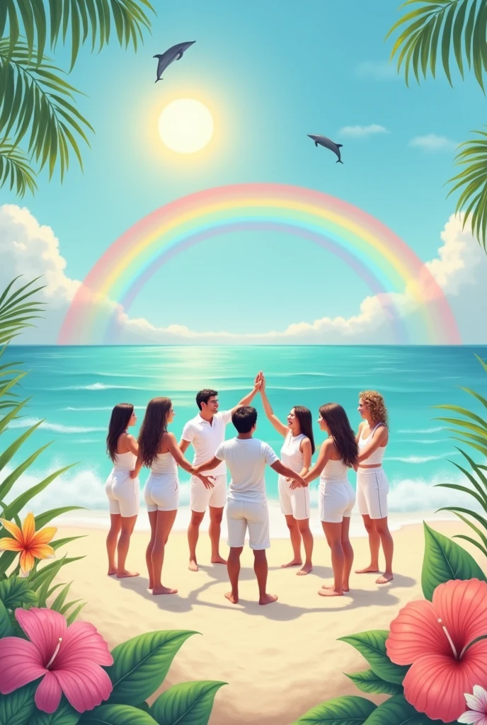 eight happy people wearing white relaxing clothes making a circle on the beach, sunny sky with rainbow and tropical flowers, pastel colours, dolphins in the ocean.