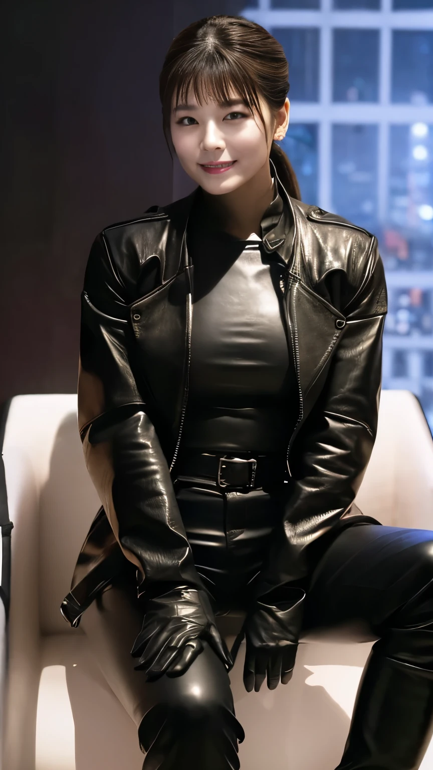 black leather rider jacket, Office in the Dark, Black leather gloved fingertips on both hands,Wearing black leather gloves,Sitting in a black leather chair、 Japanese female new recruits (Black leather gloves cover both hands) (The angle is horizontal)、Black Leather Pants,Black Leather Black Leather Pants,Black Leather Skinny Pants、very tight fit. Long black leather boots on both feet、Black hair ponytail ((He wears black leather gloves on his hands))Full Body Photo,full body shot full body full body leather suit,☺Leather pants tucked into long boots、Full body shot from head to foot、very tight fit. If you turn in this direction。Wearing black leather gloves,Wearing black leather gloves,Wearing black leather gloves,Wearing black leather gloves,Wearing black leather gloves,Wearing black leather gloves,黒のレザーパンツが美しい😍黒のレザーパンツが美しい😍黒のレザーパンツが美しい,😍Smiling while looking at me,City lights、((Neon Cyberpunk City Street:1.3))、(Neon Light)、Detailed lighting、
Best image quality、Ultra-high resolution、(realism:1.4)、Korean Beauty Star、The most beautiful KPOP stars、face、Horny Korean Makeup、A body that makes you want to touch it、Realistic leather texture、Costume made of smooth leather fabric、The drape of the curved parts of the leather fabric、The costume is very shiny、Quality of the costume、8K Photo Quality