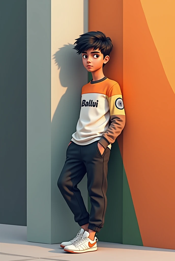 The black-haired real Indian 16-year-old boy is wearing a casual outfit including a india flag sweatshirt, jogger pants and sneakers. The boy is leaning on a large bright tricolor name ‘Bablu’, which is black with white accents. The overall color scheme is minimal, focusing on the colors of the tricolor. The scene has a modern and clean aesthetic, with soft darks and subtle shadows.”