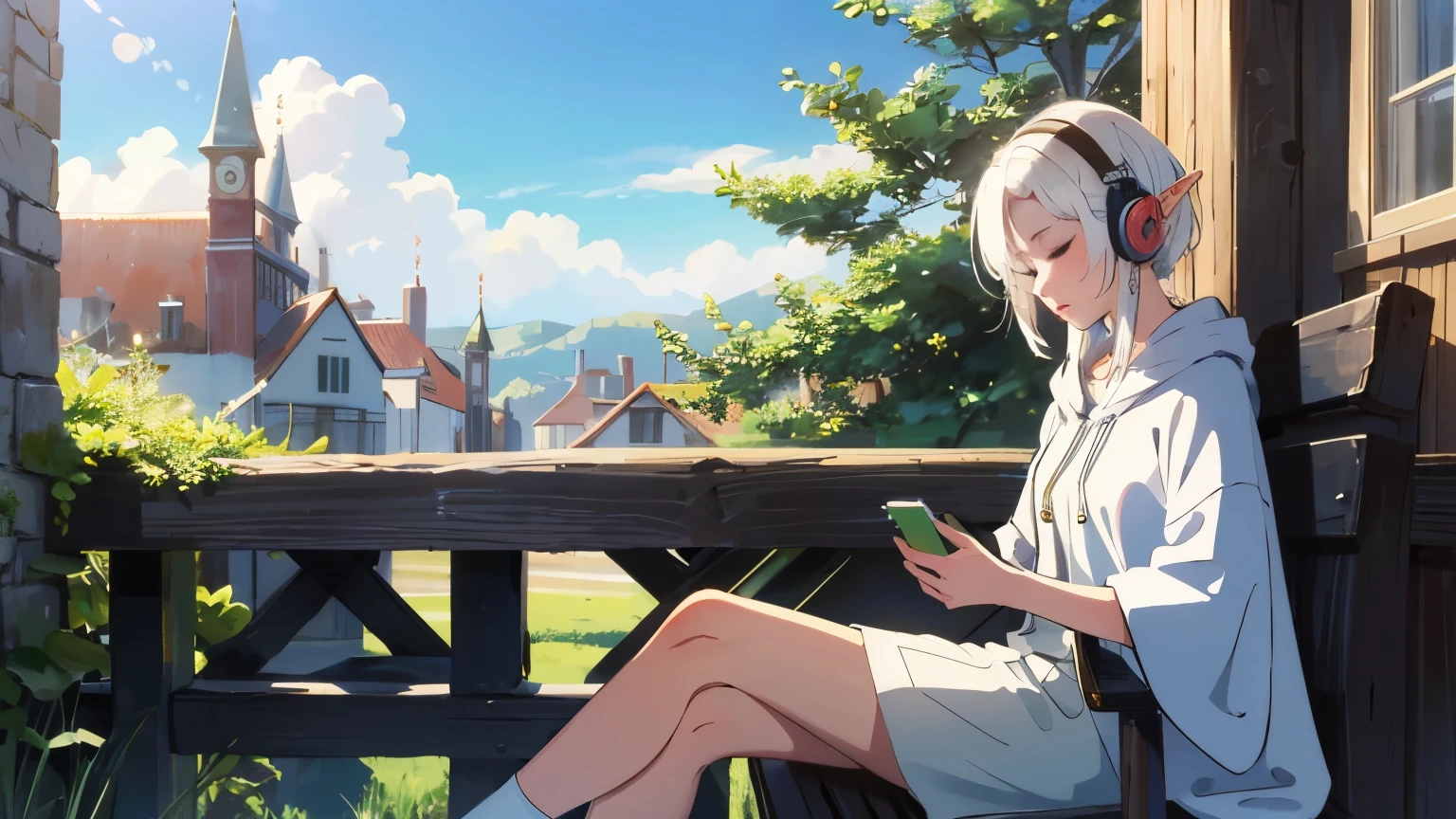 lo-fi, elf girl with white hair wearing headphone,sitting on roof building in medieval town, closed eyes