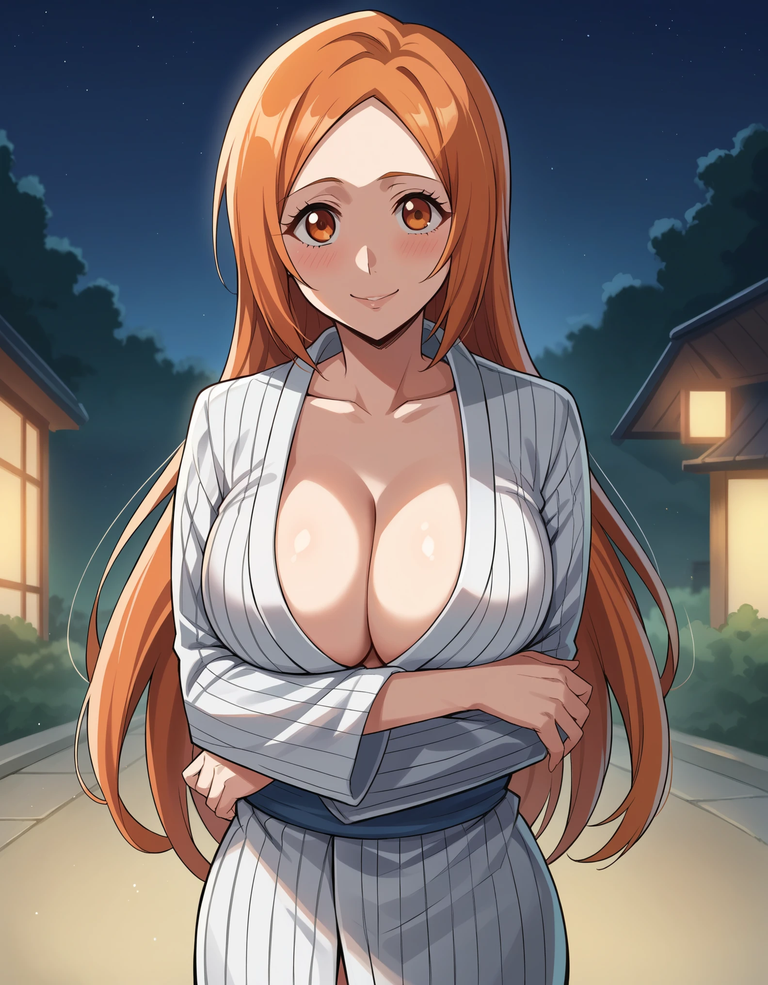 score_8_up, score_7_up, source_anime BREAK, clear face, Inoue Orihime, orange hair, orange eyes, long hair, large breasts, looking at viewer, standing, yukata, cleavage, outdoor, night, smile, blush, breast hold, breasts on arms