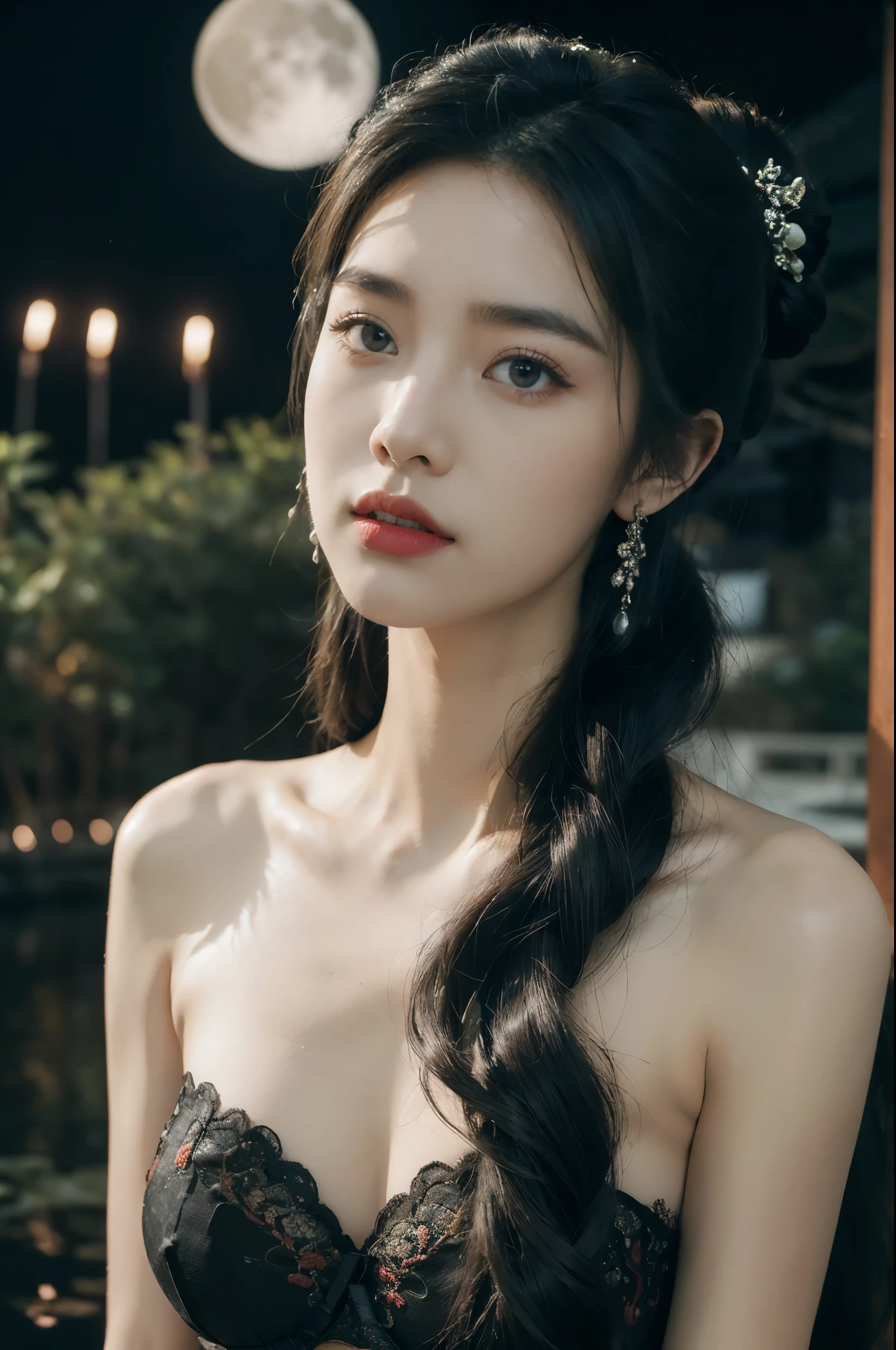 (((best quality))),(((ultra detailed))),(((masterpiece))),illustration,((1 beautiful girl,solo)),(bun hair:1.2),(Ghostly makeup:1.3),(fair skin:1.5),(red lips:1.2),(earrings:1.2),((slim,thin)),((small breasts,flat chest)),(strapless black floral embroidered lace bra:1.5),(A huge moon in the sky:1.3),(moonlit Chinese garden courtyard:1.3),(Ghost Festival:1.3),(Ghostly flames are drifting in the air:1.3),elegant and sophisticated,intricate patterns,curves,dark color,striking visual appeal,ethereal,enchanting,ghostly black blossoms,swaying branches,stone pathways,moss,eerie shadows,ancient pavilion,intricate wooden structure,mystery and intrigue,cicadas chirping,auditory symphony,embodiment of the festival's spirit,bathed in the moon's glow,delicate features,raven-black hair,waterfall of darkness,moon's luminance,captivating allure,sleek fabric,clung to frame,accentuating curves,highlighting beauty,striking appearance,ethereal beauty,hauntingly beautiful scene,captured essence,blend of beauty and mystery,(night scene:1.3),((from front,close-up of face))