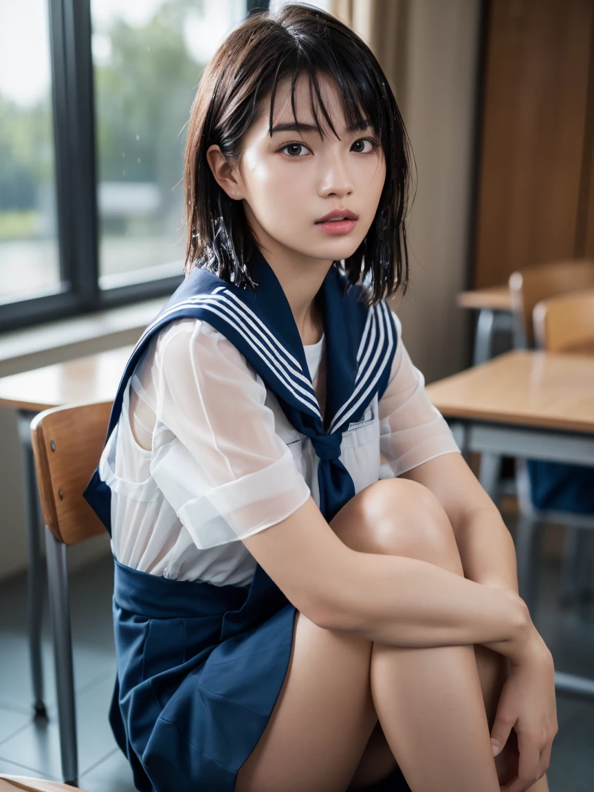 (masterpiece:1.2), Very detailed, Ultra-high resolution, (Realistic, photo Realistic:1.6), High-resolution RAW color photos, Professional photos, Sharp focus:1.2, (Very detailed顔と肌の質感, Very beautiful eyes, Glossのある肌, Glowing Skin, Glowing Skin, Shining Face, Gloss, Oily skin, greasy face, Oily skin, greasy face,),, (real Glossのある肌 texture), Perfect Anatomy, Very detailed背景,(High school classroom at night),(1 female),25-year-old woman, Japanese women,height: 168cm,(short hair, Straight hair, bangs, Brown Hair),((Flat Chest:1.6)),(Slim, thin legs), ((((Short Sleeve White Sailor School Uni形状、Navy blue pleated skirt:1.5、A perfectly detailed bra covered by a sailor suit、Perfectly detailed T-panties under skirt))),(Sit at a desk hugging your knees:1.4)、(((Wet and sheer sailor suit:1.4)))、(Sex-seeking face)