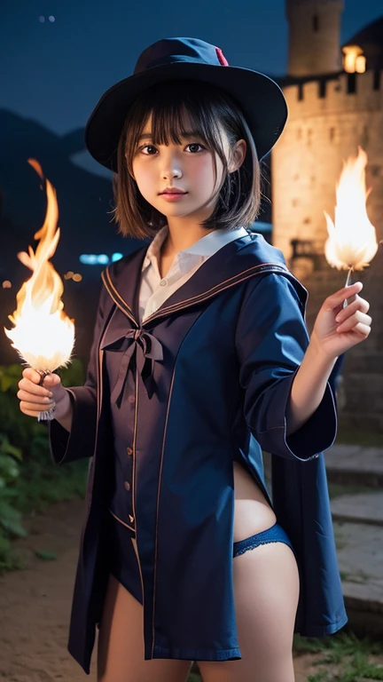 shoot from front,ung girl,15yr,look at a viewer,shorthair with bangs,wizard costume with hat,lift hem and see panties,light a flame on palm,background is castle,at nighttime