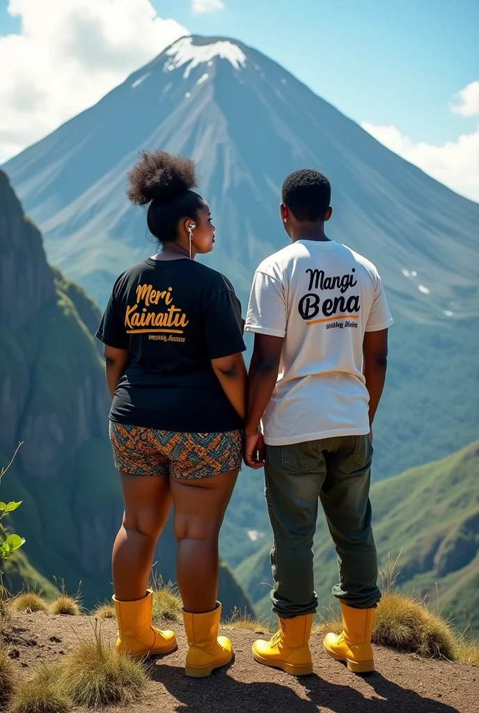 A natural girl from Papua New Guinea standing on top of the mountain with a boyfriend both The girl wearing a black printed shirt title Meri Kainantu on her back with earphones and the boy wearing a white shirt printed Mangi Bena.
They both wear long pants with yellow boots. Chubby girl with a skinny boy