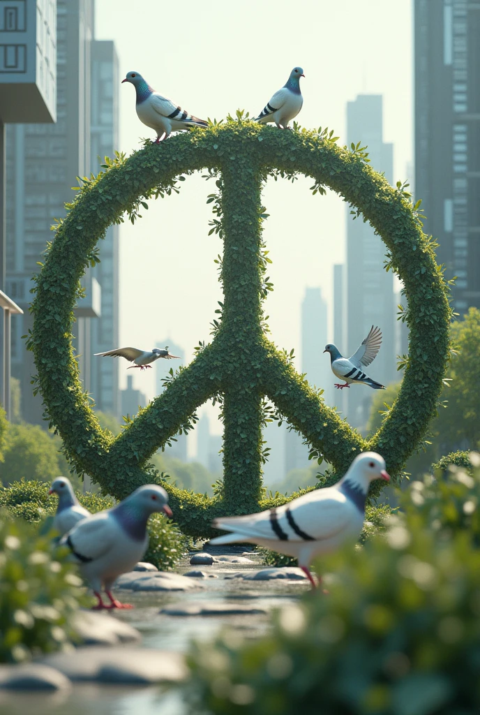 Coexistence of human-like technology and living things world peace peace sign Pigeons Olive leaves