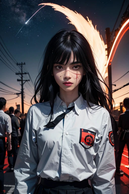 (night Mitaka)、uniform、(Big scar on face).Cool Beauty、Long black hair、Triumphant Face、skinny、From the waist up、(night)、(Red eyes).Chainsaw Man、(YoruMitaka)
