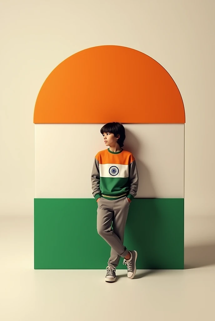 The black-haired real Indian boy is wearing a casual outfit including a india flag sweatshirt, jogger pants and sneakers. The boy is leaning on a large bright tricolor name ‘Bablu’, which is black with white accents. The overall color scheme is minimal, focusing on the colors of the tricolor. The scene has a modern and clean aesthetic, with soft darks and subtle shadows.”