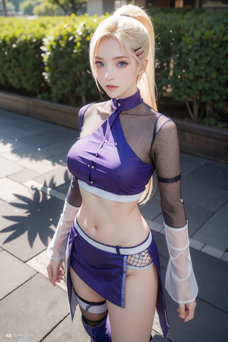 (masterpiece), best quality, expressive eyes, perfect face, 1 girl, solo, yamanaka ino, blonde hair, blue eyes, purple crop top, separate sleeves, purple skirt, mesh sleeves, meshes, outdoors, natural lighting, full body, portrait, looking at viewer, from above