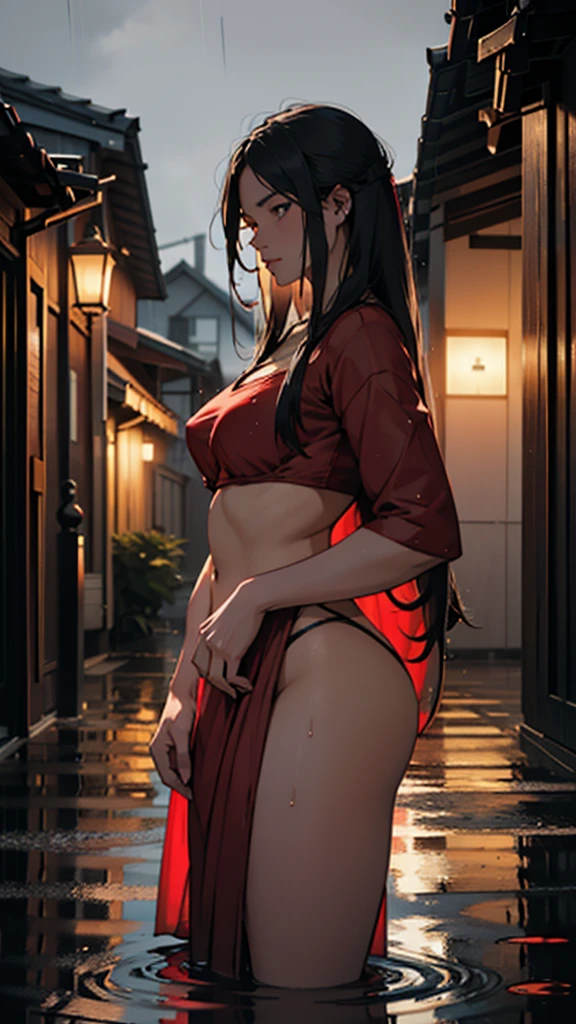 A young woman stands outside her house, drenched in the rain, her red saree clinging to her curves revealing her large hips. The scene is captured in the evening light, creating a moody atmosphere. The image, most likely a photograph, showcases the woman's striking silhouette against the darkening sky. Every detail is vividly portrayed - from the glistening raindrops on her skin to the saturated color of her attire. This high-quality image beautifully captures the raw emotion and vulnerability of the moment, drawing viewers in with its evocative storytelling.