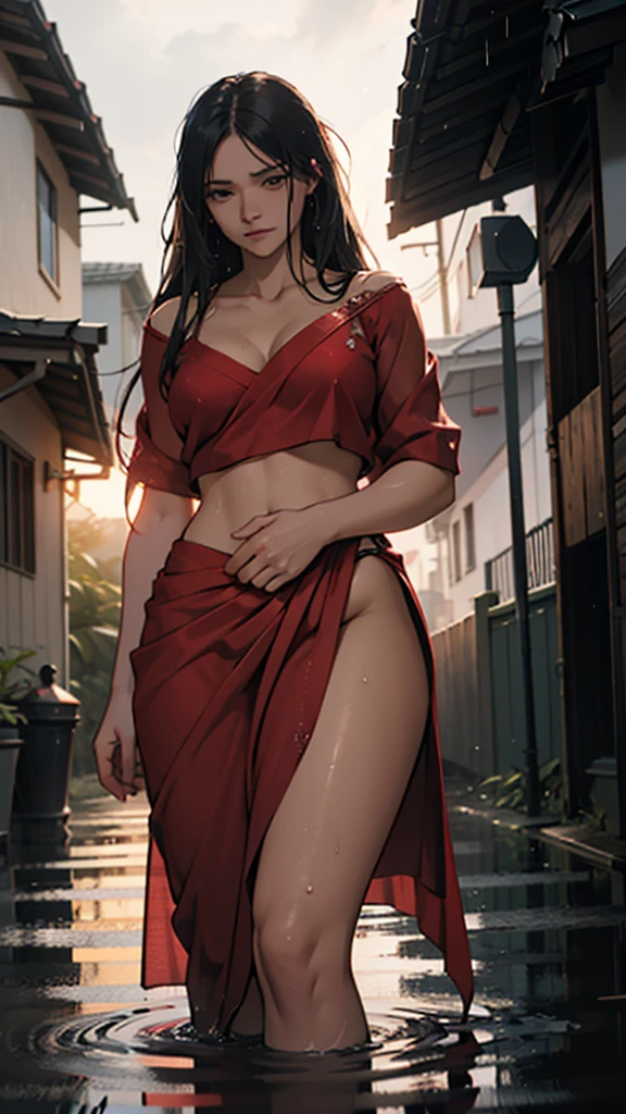 A young woman stands outside her house, drenched in the rain, her red saree clinging to her curves revealing her large hips. The scene is captured in the evening light, creating a moody atmosphere. The image, most likely a photograph, showcases the woman's striking silhouette against the darkening sky. Every detail is vividly portrayed - from the glistening raindrops on her skin to the saturated color of her attire. This high-quality image beautifully captures the raw emotion and vulnerability of the moment, drawing viewers in with its evocative storytelling.