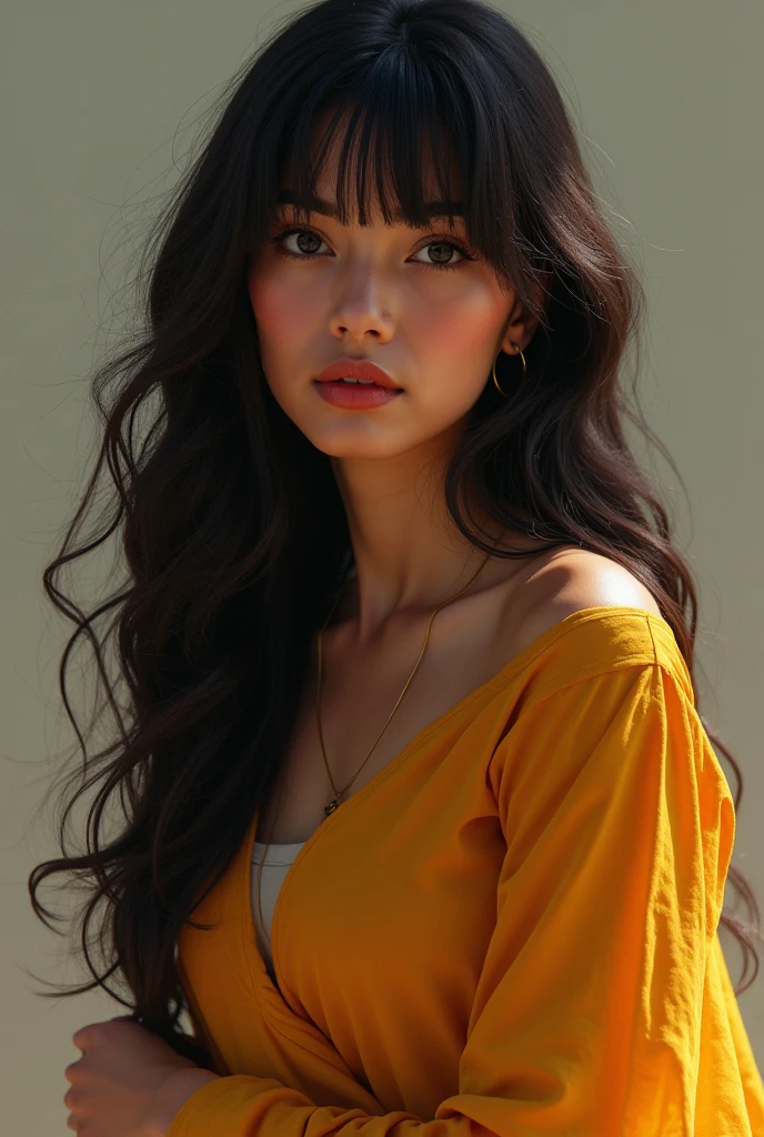 An Indian woman with wheatish skin , big eyes , and bangs , slender face , medium sized lips , in a skirt , medium build , not slim