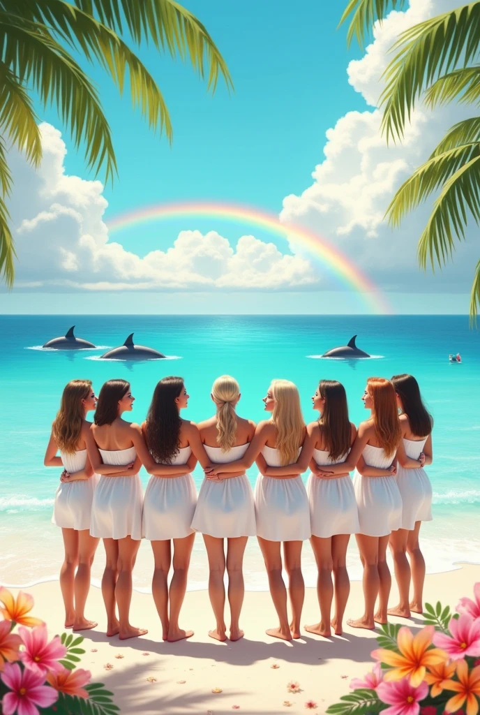 eight happy people wearing white tunics making a circle on the beach, sunny sky with rainbow and tropical flowers, pastel colours, dolphins in the ocean.