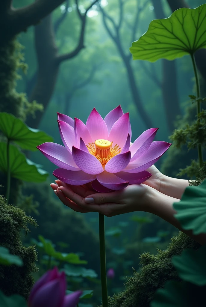 Hands with lotus flower Violet color, yellow, green In the forest