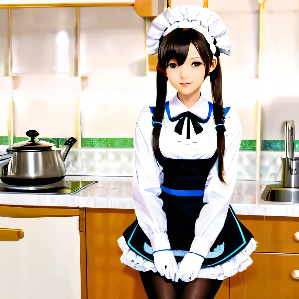 Peace Teacher, Highest quality, High resolution, 1 girl, hayasaka ai, alone, Written by Rubio, maid, blue eyes, Side Ponytail, Hair Scrunchie, hair ornaments, Blue Vest, maid headdress, apron, Hair between the eyes, old, Long sleeve, hit, White shirt, Black Dress, Side Lock, maid apron, Black Pantyhose, Cowboy Shot,