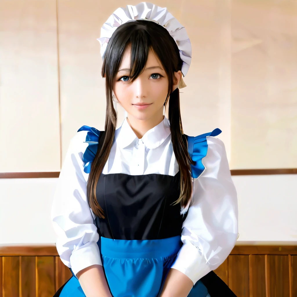 Peace Teacher, Highest quality, High resolution, 1 girl, hayasaka ai, alone, Written by Rubio, maid, blue eyes, Side Ponytail, Hair Scrunchie, hair ornaments, Blue Vest, maid headdress, apron, Hair between the eyes, old, Long sleeve, hit, White shirt, Black Dress, Side Lock, maid apron, Black Pantyhose, Cowboy Shot,