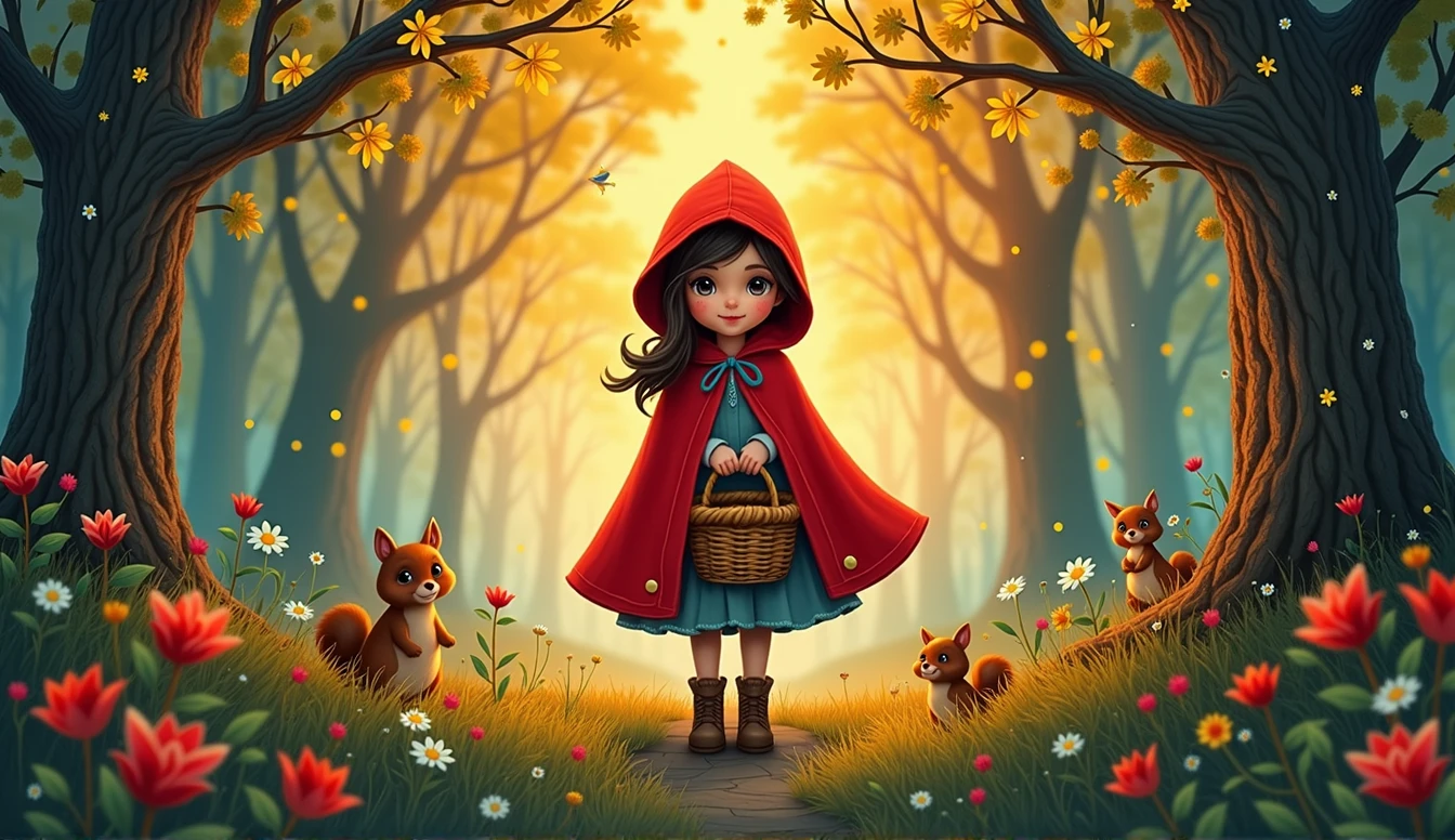 In the center of the image is the、Little Red Riding Hood is standing。She wears a bright red hooded cloak、She holds a small basket tightly in her hands。Her face is bright、It is drawn to give a sense of curiosity and adventure.。 The background features a vast forest.、wood々and colorful flowers grow abundantly.。The scene is at dusk.、A soft orange light envelopes the forest.、It creates a fantastic and warm atmosphere.。 Around Little Red Riding Hood、There are small birds and squirrels.、Forest creatures are depicted vividly.。woodの葉や花のディテールにも細やかなこだわりが見られ、The overall design is colorful and warm, reminiscent of a picture book.。