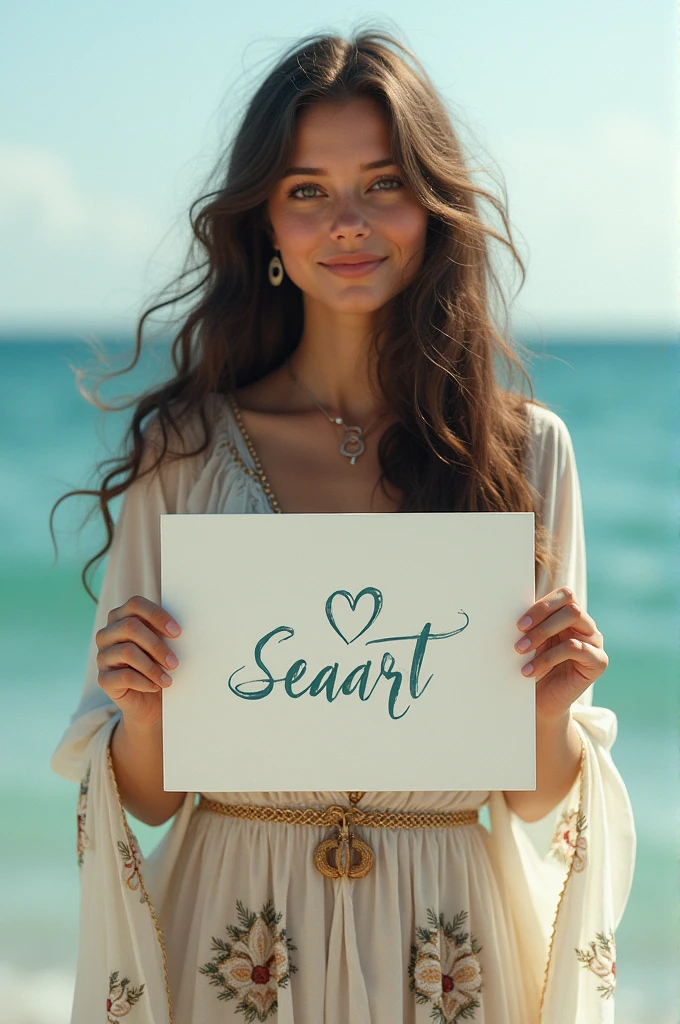 Beautiful girl with wavy long hair, bohemian dress, holding a white board with text "I Love Seaart Infinity" and showing it to the viewer