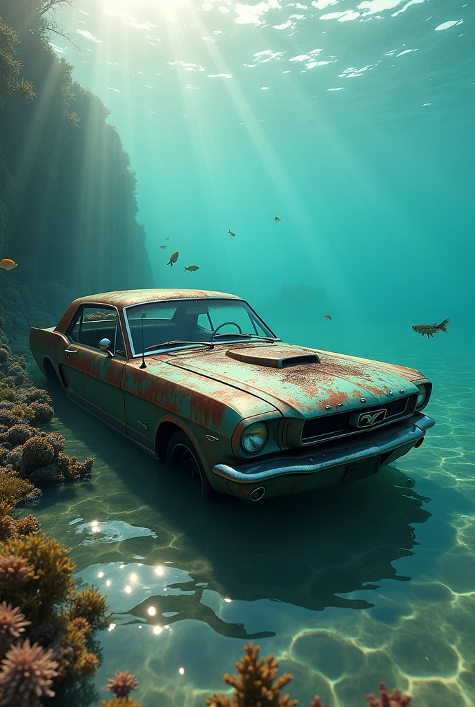 Mustang half submerged in the sea with broken windows ,with fish tires and flacshenpost