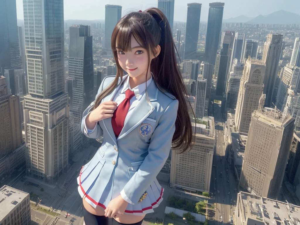 8k, (((Colossal Titan Art))), Realistic, Ultra HD, ((one girl clones, one girl is cloning)), ((6+girls:1.5)), Big Breasts, Very detailed depiction, (Light blue blazer, Grey tie, Blue mini skirt, White Pantyhose), (Extremely detailed depiction, The gigantic high school girl is 500 times taller than a skyscraper., Miniature metropolis, micro city, giga giantess, tera giantess, ((2000m class high school girl:1.5)), 6+girls, Full body description), Translucent skin texture, Beautiful Skin, Semi-long hair, Beautiful 16 year old girl, Your smile is cute, ((high Top view))