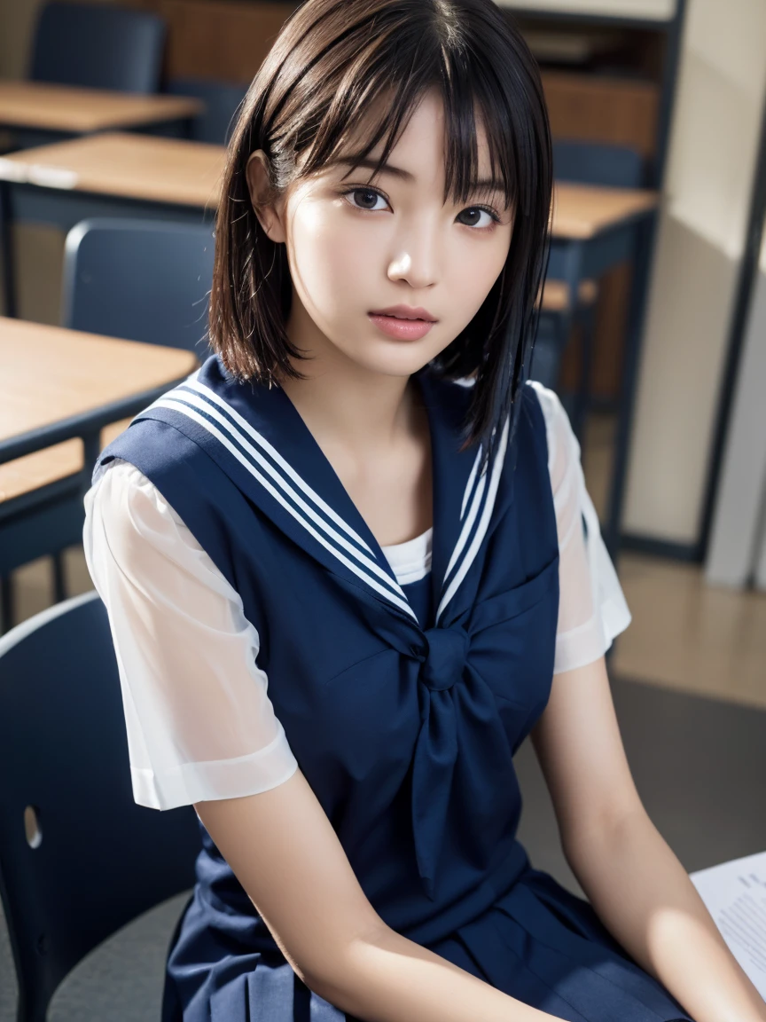 (masterpiece:1.2), Very detailed, Ultra-high resolution, (Realistic, photo Realistic:1.6), High-resolution RAW color photos, Professional photos, Sharp focus:1.2, (Very detailed顔と肌の質感, Very beautiful eyes, Glossのある肌, Glowing Skin, Glowing Skin, Shining Face, Gloss, Oily skin, greasy face, Oily skin, greasy face,),, (real Glossのある肌 texture), Perfect Anatomy, Very detailed背景,(High school classroom at night),（1 female）,25-year-old woman, Japanese women,height: 168cm,(short hair, Straight hair, bangs, Brown Hair),((Flat Chest:1.6)),(Slim, thin legs), ((((Short Sleeve White Sailor School Uni形状、Navy blue pleated skirt:1.5、A perfectly detailed bra covered by a sailor suit、Perfectly detailed T-panties under skirt))),(sit at a desk with your knees up:1.4)、(((Wet and sheer sailor suit:1.4)))、(Sex-seeking face)