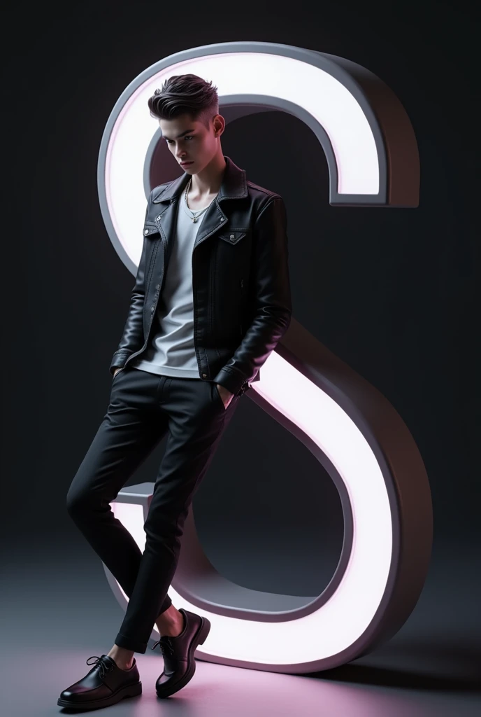 Create an image featuring a large, glossy, “S” 3D letter in the foreground with a boy leaning casually against it. The person should be dressed in stylish, monochromatic clothing and have a confident pose. The background should be a dark gradient to keep the focus on the letter and the person. Ensure that the lighting gives a soft glow to the edges of the 3D letter and casts subtle shadows to add depth to the overall composition.