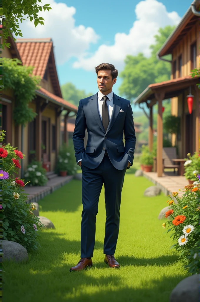 A man on suits on a village ground with green life