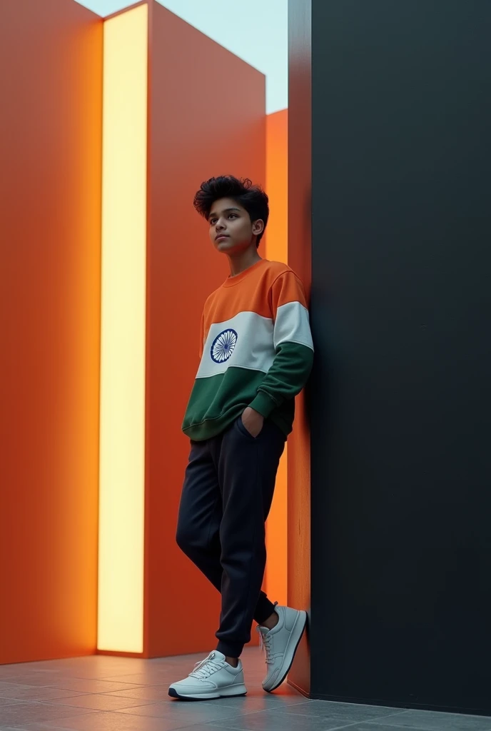 The black-haired real Indian 16-year-old boy is wearing a casual outfit including a india flag sweatshirt, jogger pants and sneakers. The boy is leaning on a large bright tricolor name ‘Bablu’, which is black with white accents. The overall color scheme is minimal, focusing on the colors of the tricolor. The scene has a modern and clean aesthetic, with soft darks and subtle shadows.”