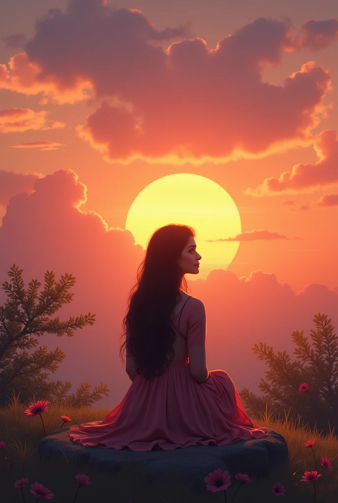 I'll try to describe the scene for you:
A 21-year-old Pakistani girl with a fair complexion and sits alone, watching the sunrise. She has a Roman nose and a serene expression on her face. The sky behind her is a warm blend of orange, pink, and purple hues, with the sun peeking through the clouds. She's surrounded by a peaceful atmosphere, with a few trees or flowers in the background. Show more sky picture should be landscape make her nose a long