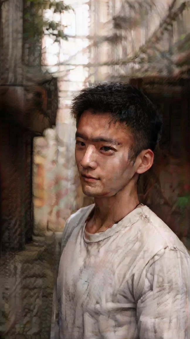 masterpiece, best quality, ultra-realistic, handsome young man, Asian features, heart-shaped face with defined jawline, short and neatly styled black hair, sharp almond-shaped eyes with a confident gaze, smooth and flawless complexion, subtle smile, wearing a modern and stylish outfit, such as a fitted blazer over a casual shirt, soft ambient lighting, detailed facial features, soft shadows, background of a contemporary urban setting, 85mm lens, portrait photography