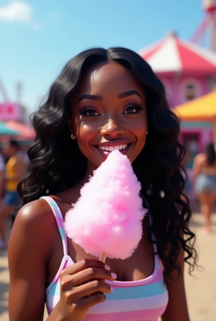 there is a black woman , the woman has, she has dark skin, with dark brownish skin, with long curly, long black loose moisturised curly hair she is taking a selfie eat cotton candy at a amusement park