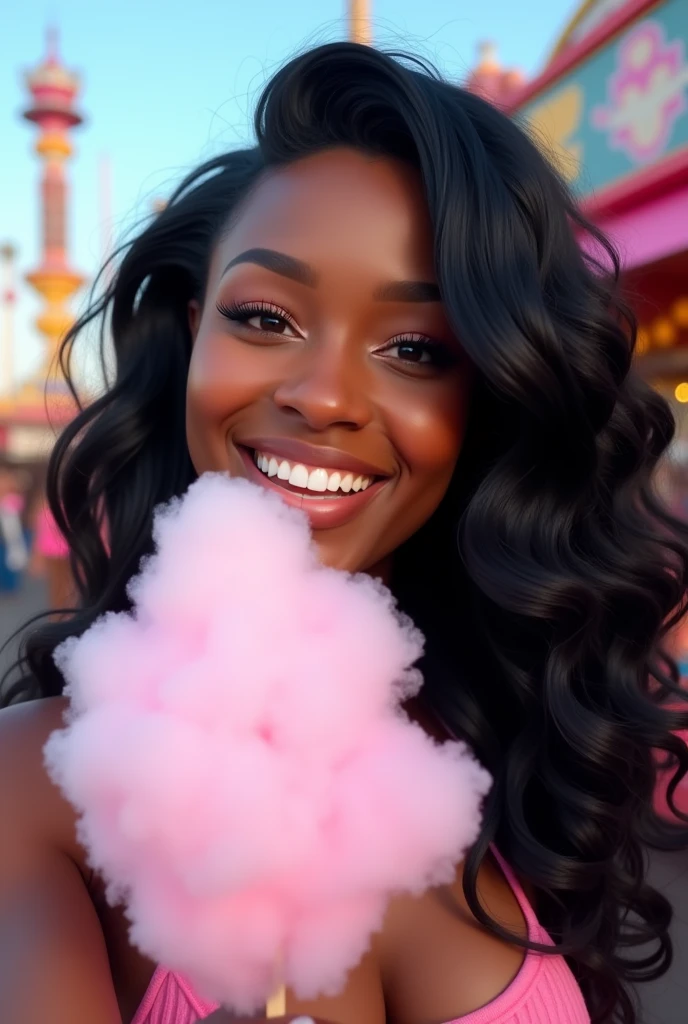 there is a black woman , the woman has, she has dark skin, with dark brownish skin, with long curly, long black loose moisturised curly hair she is taking a selfie eat cotton candy at a amusement park