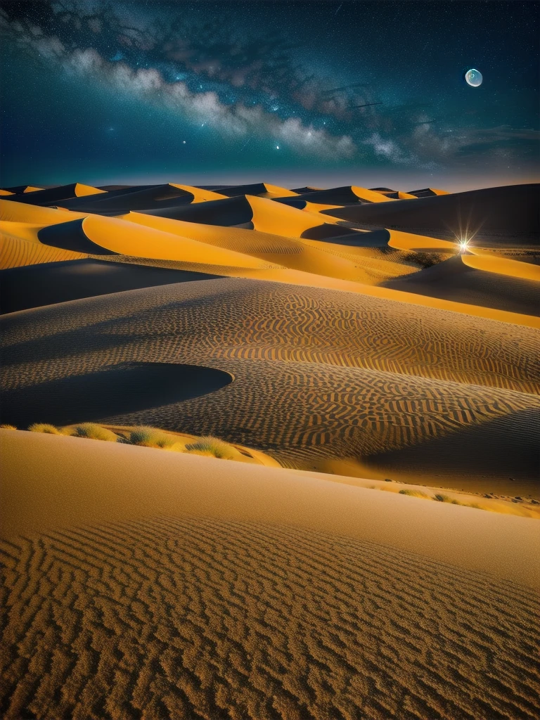 A vast desert under a starry sky, with rolling sand dunes bathed in moonlight. The moon casts long shadows across the dunes, highlighting the photorealistic textures of the sand and the expansive, clear night sky. The scene is sharp and detailed, emphasizing the tranquil and majestic desert landscape. 4K resolution.