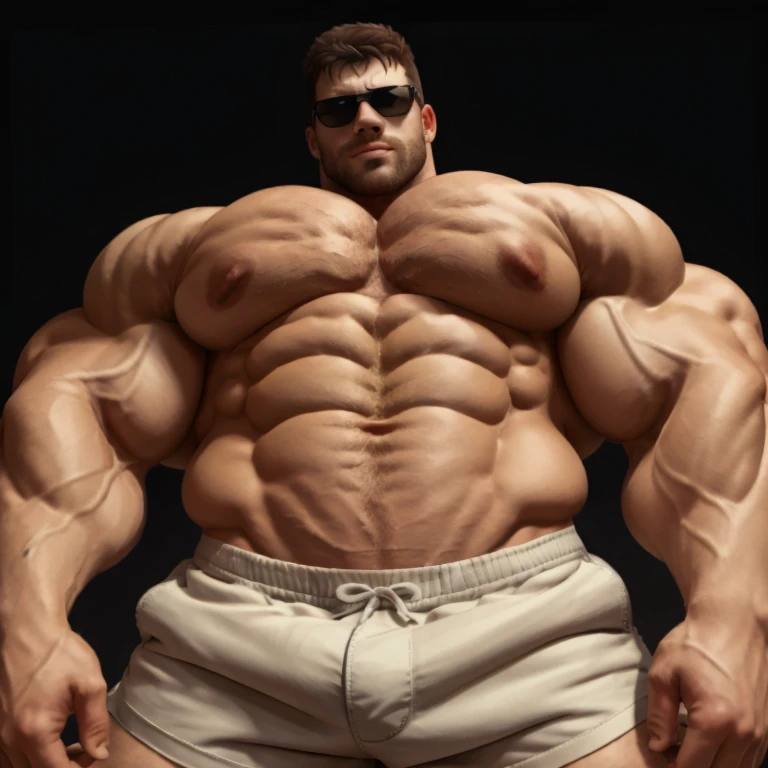 chris redfield, brutalmass, upshot pecs, 
a very handsome young man, white skin, sunglasses, shirtless wearing shorts, exaggeratedly muscular, exaggeratedly huge biceps, arms and pecs, exaggeratedly muscular and huge body, on a black background