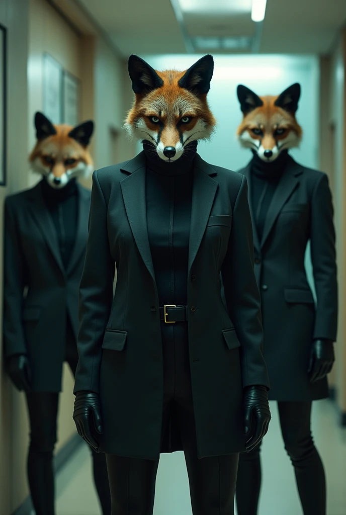 3 famme qui porte un masque entier de renard qui fon un braquage dans une banque et elle tue deux famme otages