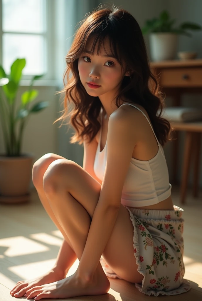 (masterpiece,Highest quality:1.4),(8k,RAW Photos,Photorealistic:1.2),((Super Resolution:1.4)), (Absurd:1.3),Glowing Skin,Detailed skin,Detailed face,Detailed eyes,One girl,Japanese Idols,Beautiful Face,Highly detailed background,,Legendary cute 18-year-old student with squatting posture and extremely perfect figure,((Shooting from below:1.4))、Sitting on the floor、charm, Rounded legs、Beautiful feet、((She wears a short skirt that shows her panties:1.4))、((Hands on hips:1.4))、(Sexy panties with detailed floral print:1.4)、(Medium long wavy haircut:1.6)、Studio Soft Light, Rim Light, Realistic skin texture, Beautiful details in the eyes, ((Spread your legs)), ((Spread your legs)), And execute,Zoom up panties, Camel Toe,Browsing Caution,