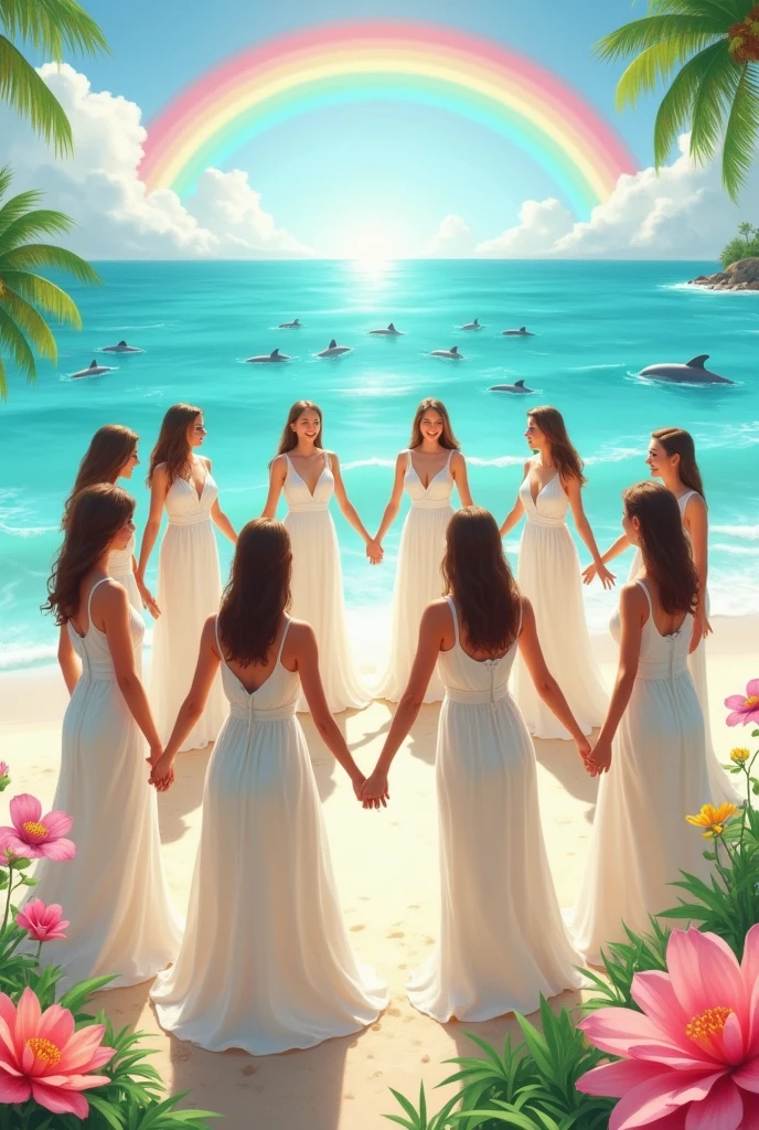 eight happy goddess wearing white dresses making a circle on the beach, sunny sky with rainbow and tropical flowers, pastel colours, dolphins in the ocean. 