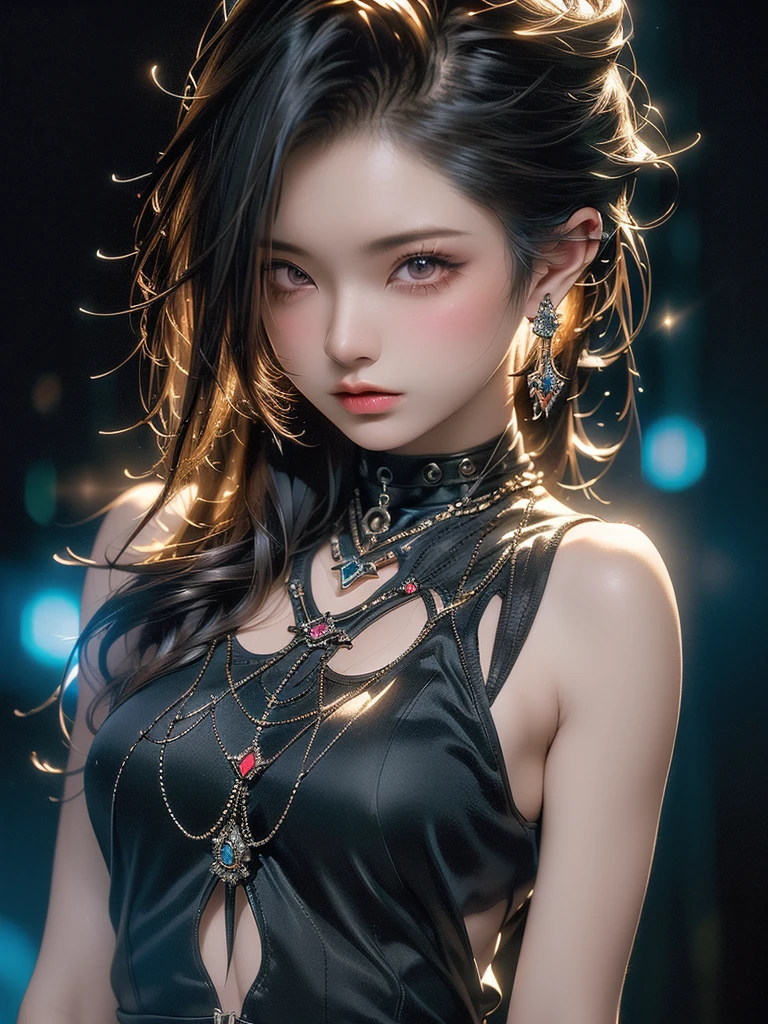 ((Highest quality)),(Ultra-high resolution),(Very detailed),(Detailed Description),((The best CG)),(masterpiece),Ultra-detailed art, Black background、Dramatic lighting1.2、Emitting a glowing aura、semi-long、(((Mid shot photo 1.5)))、Black and revealing、Always looking sharply at the viewer、(((Vibrant poses)))、