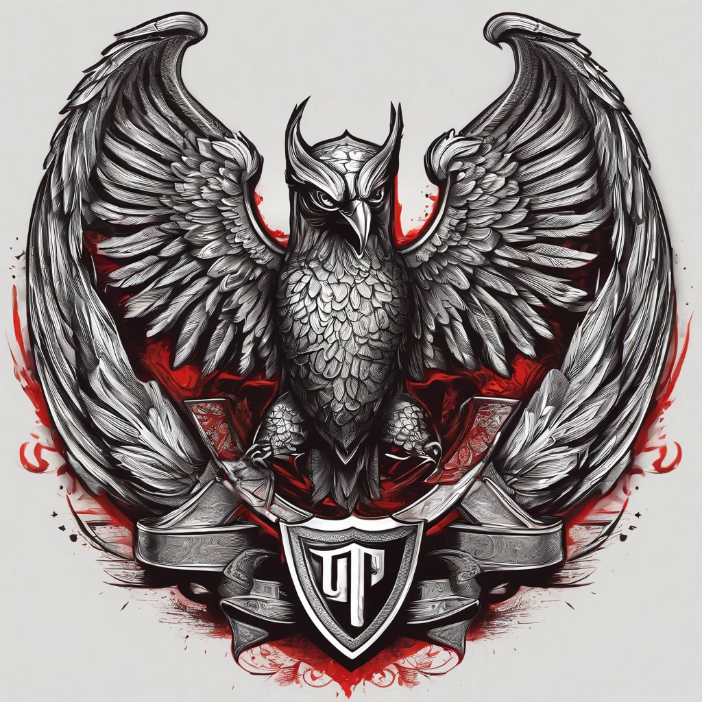 [Core Concept]
A sturdy shield emblem

[Character Description]
Tokoh sentralnya adalah burung hantu lengkap dengan Kepala dan a pair of wings nya

[Environment/Background]
bright red and bright white color scheme, creating an impression of premium quality and elegance. 

[Style and Atmosphere]
Desain keseluruhannya memiliki kualitas sederhana dan detailnya yang sharp

[Komposisi]
The shield is the main focus featuring the letters G and S in a clear design., sharp, elegant and thick in its armor

[Details and Embellishments]
Around the shield are accents of a pair of pistols, a pair of wings, all rendered in a photorealistic two-dimensional style with dramatic shadows and highly detailed textures..

[Technical Specifications]
This premium quality 2D logo design is meant to convey the power, greatness, and elite status through a cohesive and visually striking symbol.