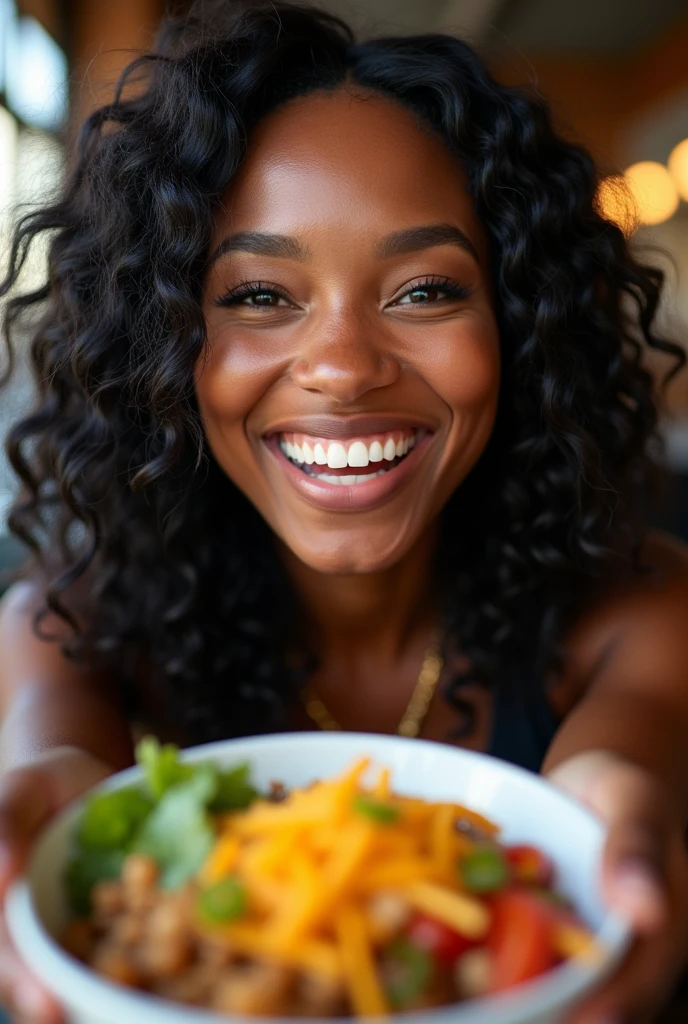  there is a black woman , the woman has, she has dark skin, with dark brownish skin, with long curly, long black loose moisturised curly hair she is taking a selfie with a Chipotle bowl in front of her