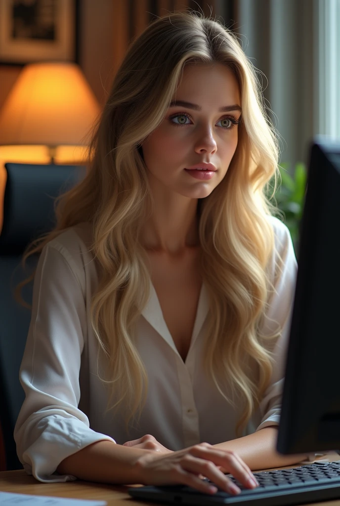 une belle fille aux longs cheveux blonds, detailed eyes, nose, and lips, porter une tenue professionnelle, assise dans son bureau, en utilisant son ordinateur, ordinateur HP (best quality,4K,8k,high resolution,head of'artwork:1.2),ultra-detailed,(realistic,photorealistic,photo-realistic:1.37),HDR,studio lighting,Highly detailed face and body, portrait,Cinematic lighting,Dramatic lighting,warm color tones,couleurs dramatiques