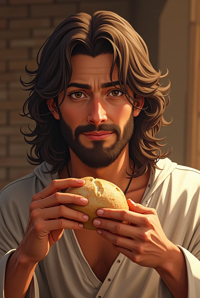 (Highest quality,4K,8k,High resolution,masterpiece:1.2),Very detailed,(Realistic,photoRealistic,photo-Realistic:1.37),1 person,30 years old,Japanese anime style men,very handsome,Jesus Christ,Eating bread with relish,Brown Hair,Wave Long,Brown eyes,smiling gaze,A perfect face without a doubt,Relaxed posture,Background of Israel before 2000,Cinema Lighting,HDR image