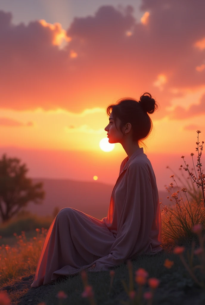 I'll try to describe the scene for you:
A 21-year-old Pakistani girl with a fair complexion and sits alone, watching the sunrise. She has a Roman nose and a serene expression on her face. The sky behind her is a warm blend of orange, pink, and purple hues, with the sun peeking through the clouds. She's surrounded by a peaceful atmosphere, with a few trees or flowers in the background. Show more sky picture should be landscape make her nose a long