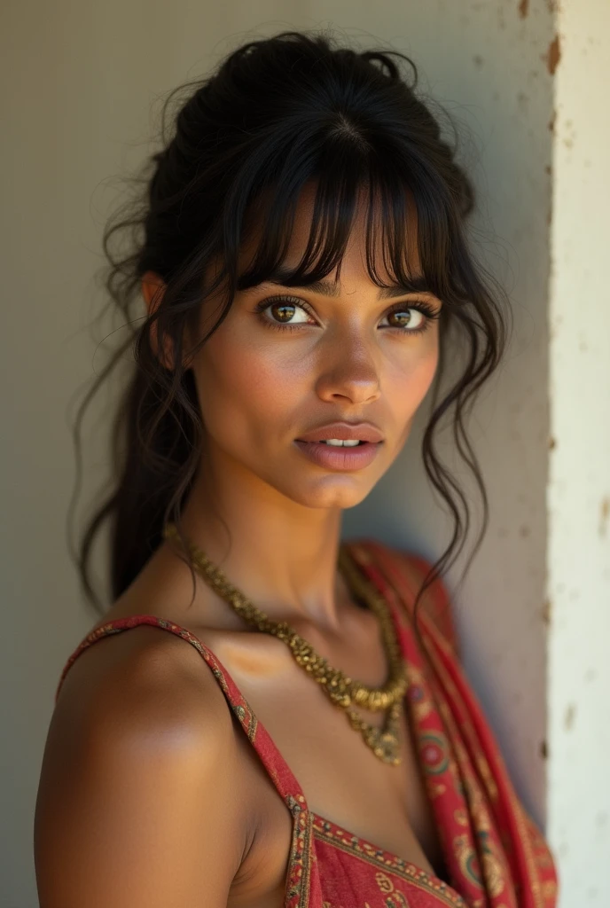 An Indian woman with tan skin , big eyes , and bangs , slender face , medium sized lips , in a skirt , medium build , not slim 