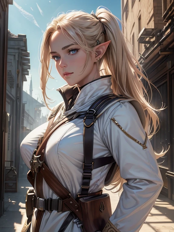 masterpiece, Highest quality, Highly detailed CG Unity 8k wallpaper,((Upper Body, 1 female)), ((Spacecraft Hangar)), (Long pointy ears), Elegant long wavy platinum blonde hair, Self-illuminating skin, ((Military uniform with heavy full harness and protector: 1.2)), (Robust helmet: 1.2), (White skin, Toned and slim body), (((A heavy rifle is slung over his shoulder..: 1.2))), (blush), , (Captivating smile), (Very beautiful symmetrical face), fine grain, Key Art, Awards, intricate detail realism hdr, Photorealism, Hyperrealism, Ultra-realistic, Dramatic Light, Strong Shadows, Nice views, Written boundary depth