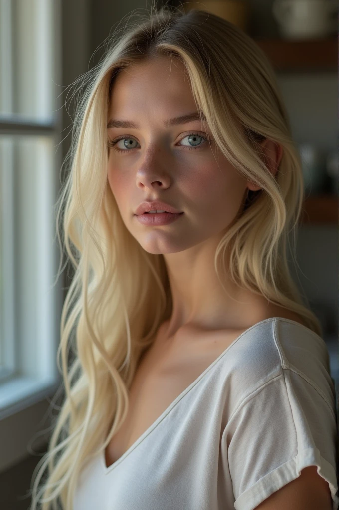 12 yo blonde girl with very small breasts photographed from side, she is relaxed in the kitchen without realizing it, blue eyes, (blonde long hair), realistic and detailed face, beautiful girldetailed face, masterpiece,, Ultra detailed and realistic 8k beautiful model, slender body, She wears micro denim shorts and a tiny loose t-shirt, sexy, photorealistic.