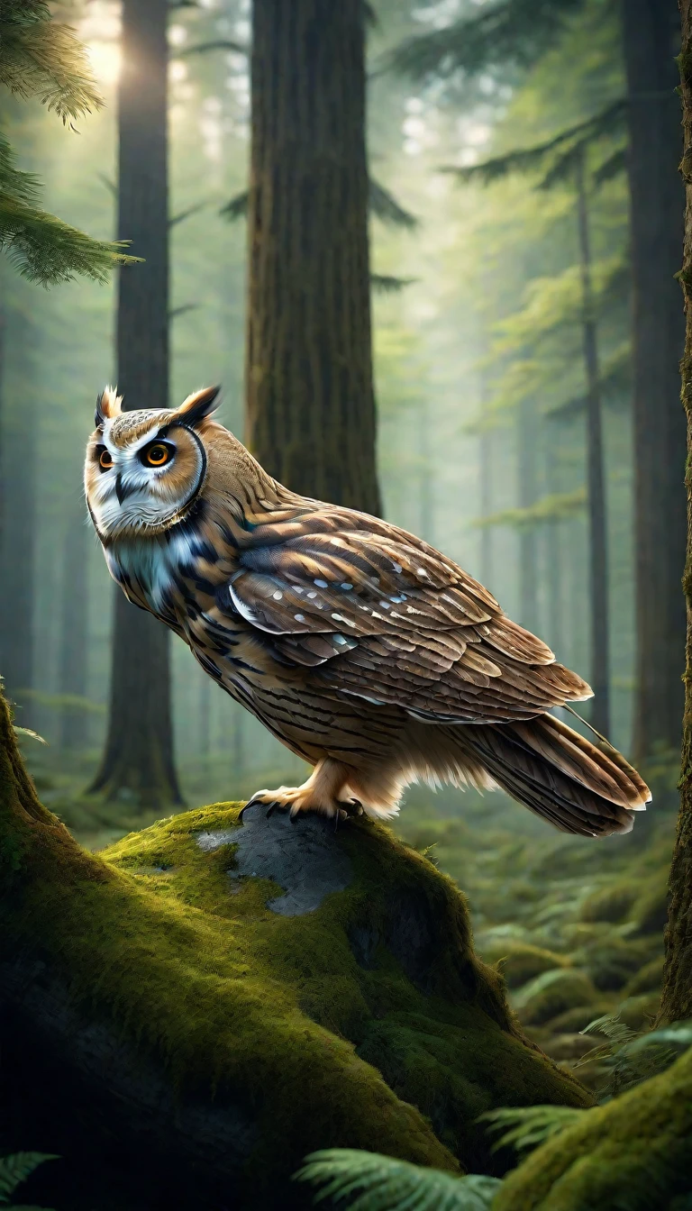 Four-eyed owl with a human face in the forest(best quality，4K，8K，High level，masterpiece：1.2），Extremely detailed，（lifelike，Photo real，Photo real：1.37），Detailed Animals，Complex Mode，lifelike的照明，Fantasy Creatures