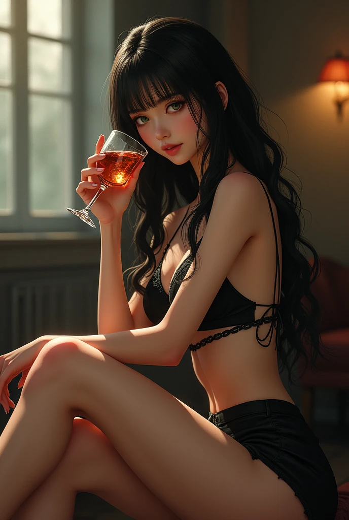 Girl, long black hair, intense green eyes, big breasts, sitting drinking, dressed in short shorts, strappy shirt, with legs crossed