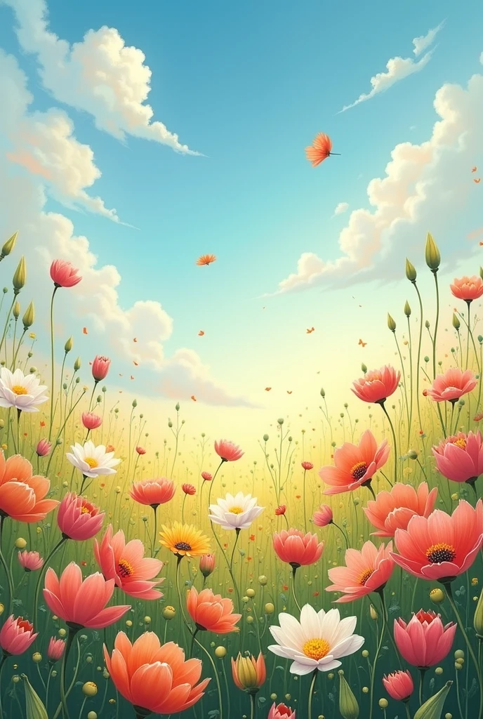 RAW photo, best, masterpiece, best quality, high quality, extremely detailed, painting of a field of flowers with a sky background, floral painted backdrop, dreamy floral background, by Zofia Stryjenska, by Li Mei-shu, by Alice Rahon, floral dream, by Eugeniusz Zak, dreamy scene, by Hermione Hammond, by Shen Che-Tsai, by Marie Bashkirtseff, by Sim Sa-jeong,
