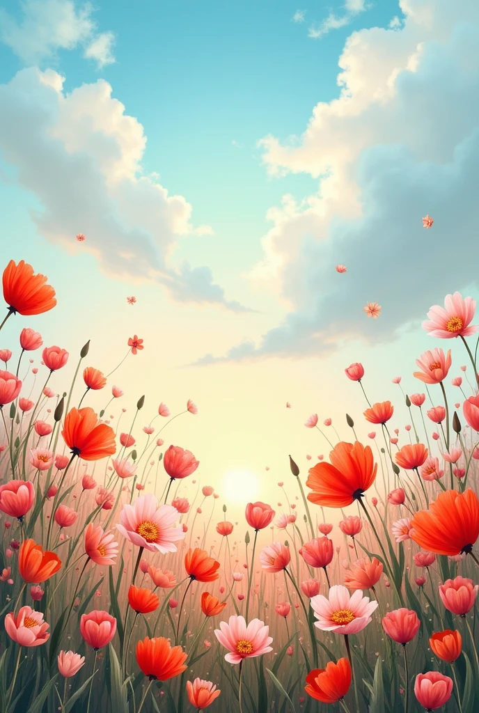 RAW photo, best, masterpiece, best quality, high quality, extremely detailed, painting of a field of flowers with a sky background, floral painted backdrop, dreamy floral background, by Zofia Stryjenska, by Li Mei-shu, by Alice Rahon, floral dream, by Eugeniusz Zak, dreamy scene, by Hermione Hammond, by Shen Che-Tsai, by Marie Bashkirtseff, by Sim Sa-jeong,